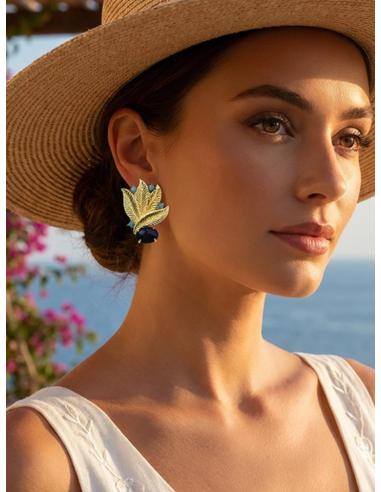 PENDIENTES BODA HOJAS DORADAS Y PIEDRA AZUL MARINO | INVITADA Y MADRINA
