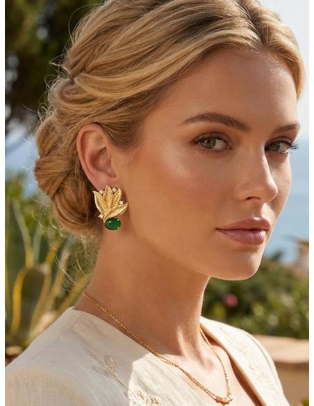 PENDIENTES BODA HOJAS DORADAS Y PIEDRAS JADE VERDE | INVITADA Y MADRINA