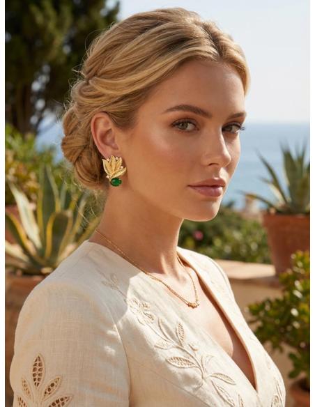 PENDIENTES BODA HOJAS DORADAS Y PIEDRAS JADE VERDE | INVITADA Y MADRINA
