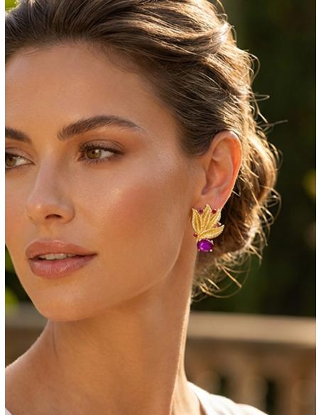 PENDIENTES BODA HOJAS DORADAS Y PIEDRA MORADA | INVITADA Y MADRINA
