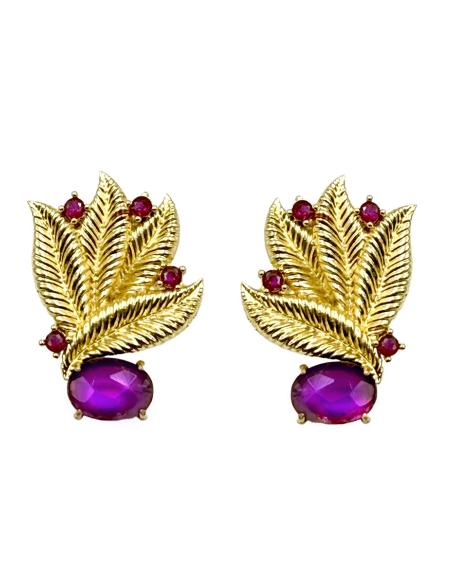 PENDIENTES BODA HOJAS DORADAS Y PIEDRA MORADA | INVITADA Y MADRINA
