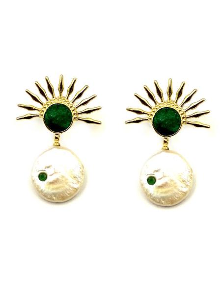 PENDIENTES DE PERLA CON SOL DORADO Y DRUSA VERDE | BODAS Y EVENTOS