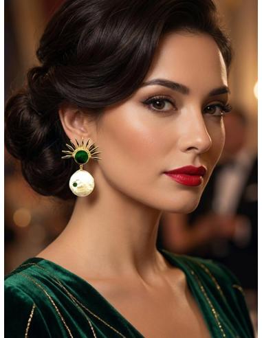 PENDIENTES DE PERLA CON SOL DORADO Y DRUSA VERDE | BODAS Y EVENTOS