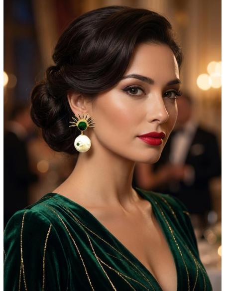 PENDIENTES DE PERLA CON SOL DORADO Y DRUSA VERDE | BODAS Y EVENTOS
