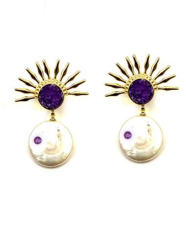 PENDIENTES DE PERLA CON SOL DORADO Y DRUSA MORADA | BODAS Y EVENTOS
