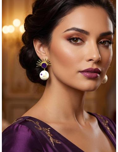 PENDIENTES DE PERLA CON SOL DORADO Y DRUSA MORADA | BODAS Y EVENTOS