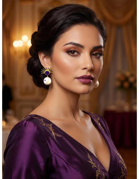 PENDIENTES DE PERLA CON SOL DORADO Y DRUSA MORADA | BODAS Y EVENTOS