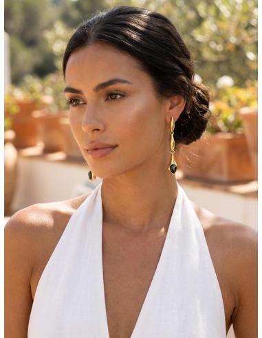PENDIENTES ELEGANTES LARGOS DORADOS Y VERDE CAZA | INVITADA BODA