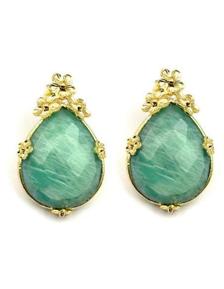 PENDIENTES DE PIEDRA VERDE AGUA CON FLORECILLAS | MADRINA E INVITADA