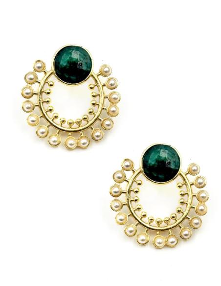 PENDIENTES CORTOS PIEDRA VERDE Y ARO PERLAS | BODA DIA Y NOCHE