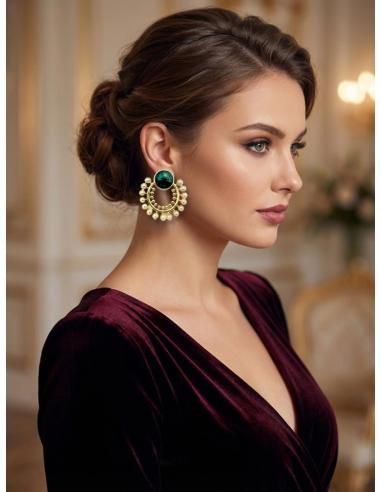 PENDIENTES CORTOS PIEDRA VERDE Y ARO PERLAS | BODA DIA Y NOCHE