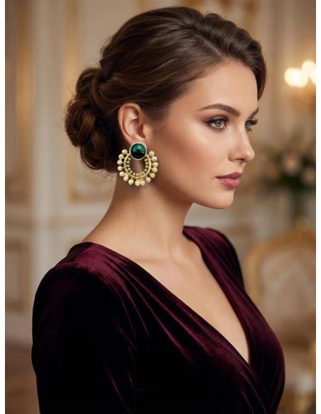 PENDIENTES CORTOS PIEDRA VERDE Y ARO PERLAS | BODA DIA Y NOCHE