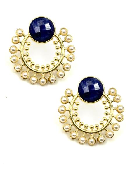 PENDIENTES CORTOS PIEDRA AZUL MARINO Y ARO PERLAS | BODA DIA Y NOCHE