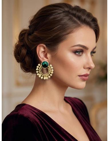 PENDIENTES CORTOS PIEDRA AZUL MARINO Y ARO PERLAS | BODA DIA Y NOCHE