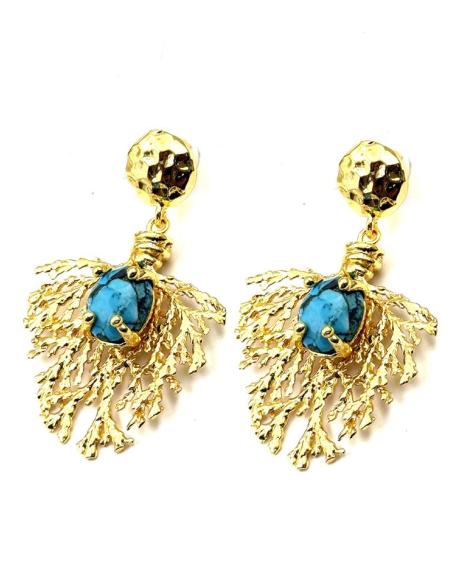 PENDIENTES LARGOS RAMITA CORAL DORADA Y TURQUESA | BAÑO ORO