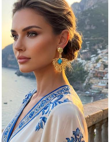 PENDIENTES LARGOS RAMITA CORAL DORADA Y TURQUESA | BAÑO ORO