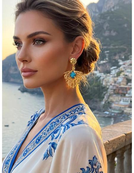 PENDIENTES LARGOS RAMITA CORAL DORADA Y TURQUESA | BAÑO ORO