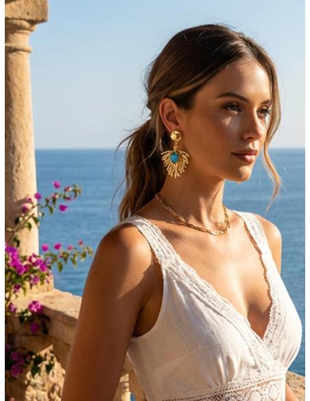 PENDIENTES LARGOS RAMITA CORAL DORADA Y TURQUESA | BAÑO ORO