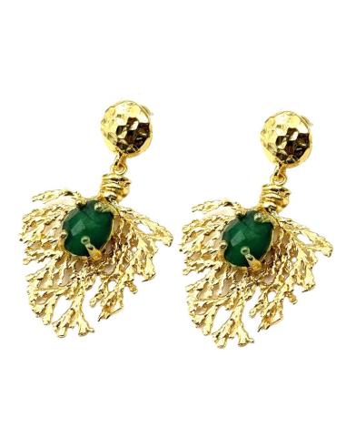 PENDIENTES LARGOS RAMITA CORAL DORADA Y VERDE | BAÑO ORO