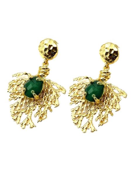 PENDIENTES LARGOS RAMITA CORAL DORADA Y VERDE | BAÑO ORO
