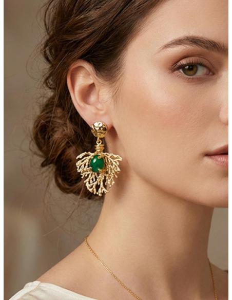 PENDIENTES LARGOS RAMITA CORAL DORADA Y VERDE | BAÑO ORO