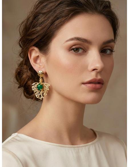 PENDIENTES LARGOS RAMITA CORAL DORADA Y VERDE | BAÑO ORO