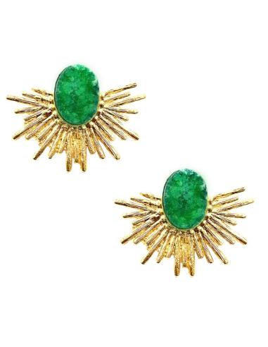 PENDIENTES BODA CORTOS ABANICO DORADO CON VERDE | BAÑO DE ORO