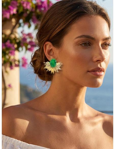 PENDIENTES BODA CORTOS ABANICO DORADO CON VERDE | BAÑO DE ORO