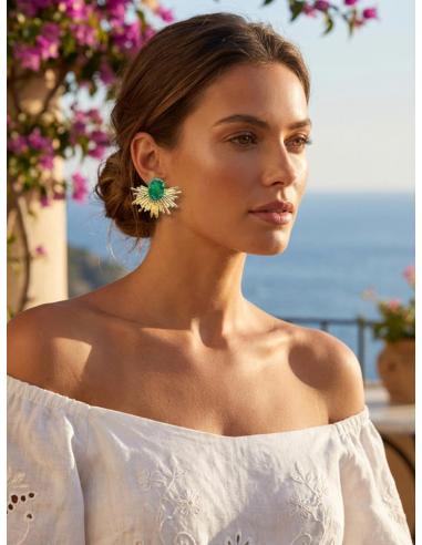 PENDIENTES BODA CORTOS ABANICO DORADO CON VERDE | BAÑO DE ORO