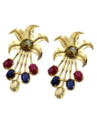 PENDIENTES JOYA DE PEDRERIA AZUL MARINO Y FUCSIA | BAÑO DE ORO