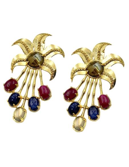 PENDIENTES JOYA DE PEDRERIA AZUL MARINO Y FUCSIA | BAÑO DE ORO