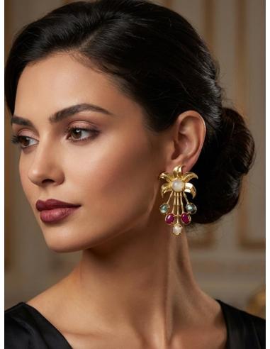 PENDIENTES JOYA DE PEDRERIA CUARZO ROSA Y FUCSIA | BAÑO DE ORO