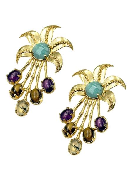 PENDIENTES JOYA DE PEDRERIA VERDE AGUA Y MORADO | BAÑO DE ORO