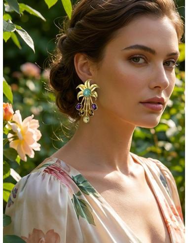 PENDIENTES JOYA DE PEDRERIA VERDE AGUA Y MORADO | BAÑO DE ORO