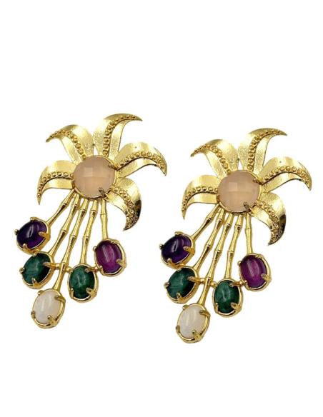 PENDIENTES JOYA DE PEDRERIA MORADA Y VERDE OSCURO | BAÑO DE ORO