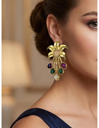 PENDIENTES JOYA DE PEDRERIA MORADA Y VERDE OSCURO | BAÑO DE ORO