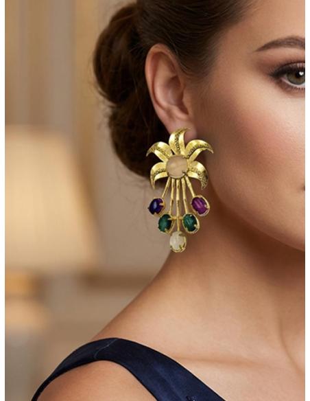 PENDIENTES JOYA DE PEDRERIA MORADA Y VERDE OSCURO | BAÑO DE ORO