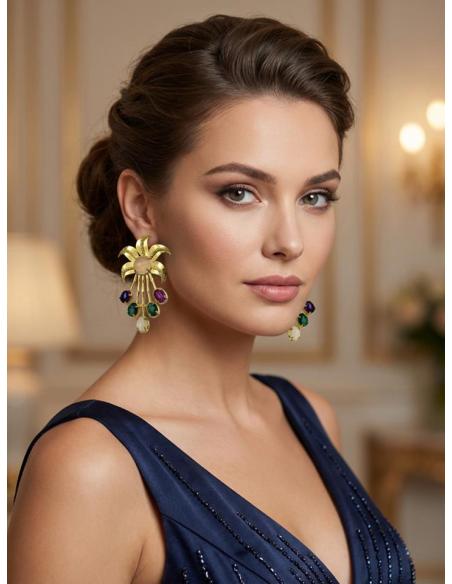 PENDIENTES JOYA DE PEDRERIA MORADA Y VERDE OSCURO | BAÑO DE ORO