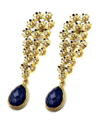 PENDIENTES LARGOS DORADOS FLORALES CON AZUL MARINO | BAÑO ORO