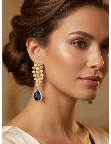 PENDIENTES LARGOS DORADOS FLORALES CON AZUL MARINO | BAÑO ORO