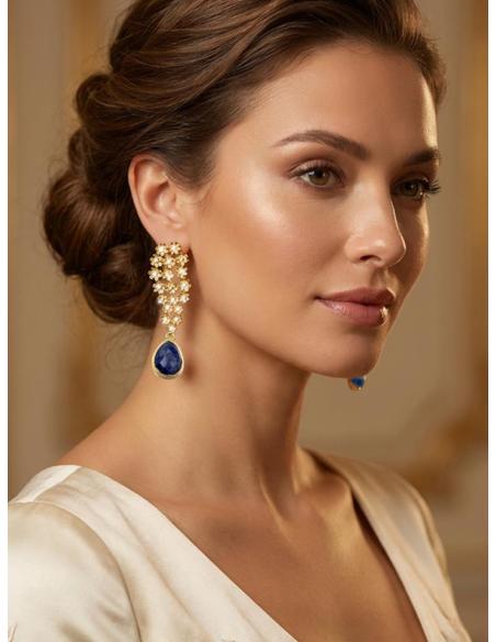 PENDIENTES LARGOS DORADOS FLORALES CON AZUL MARINO | BAÑO ORO