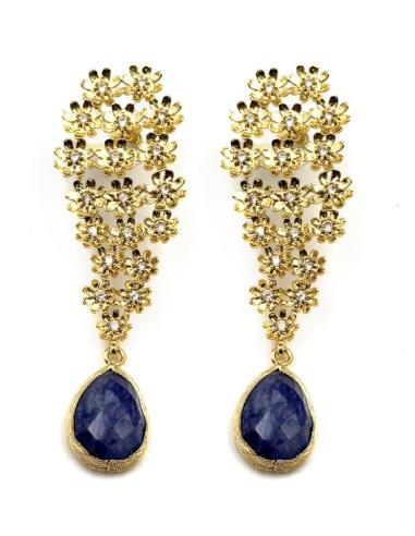 PENDIENTES LARGOS DORADOS FLORALES CON AZUL MARINO | BAÑO ORO
