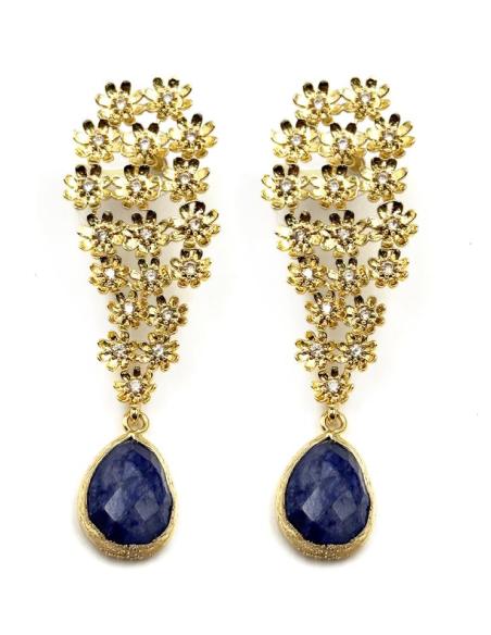 PENDIENTES LARGOS DORADOS FLORALES CON AZUL MARINO | BAÑO ORO