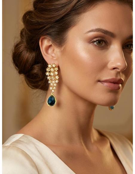PENDIENTES LARGOS DORADOS FLORALES CON VERDE OLIVA | BAÑO ORO