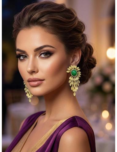 PENDIENTES BODA LARGOS DORADOS CON VERDE MALAQUITA | INVITADAS