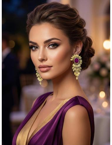 PENDIENTES BODA LARGOS DORADOS CON RUBI VINO | INVITADAS