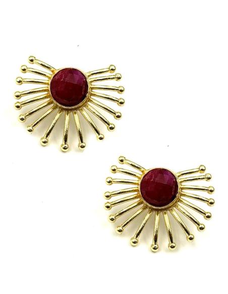 PENDIENTES CORTOS ABANICO DORADO CON PIEDRA FUCSIA | BODA DIA Y NOCHE