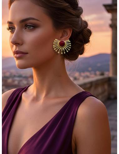 PENDIENTES CORTOS ABANICO DORADO CON PIEDRA FUCSIA | BODA DIA Y NOCHE