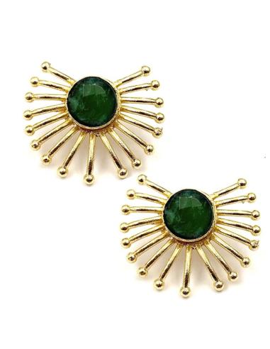 PENDIENTES CORTOS ABANICO DORADO CON PIEDRA VERDE | BODA DIA Y NOCHE