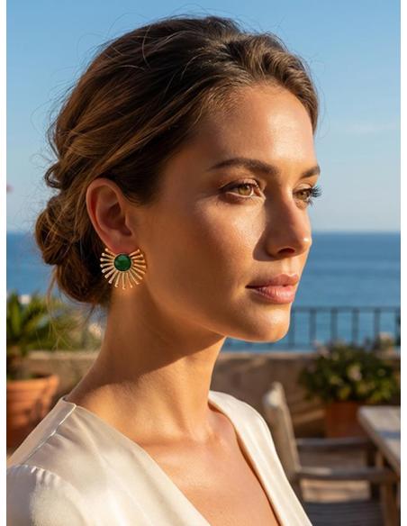PENDIENTES CORTOS ABANICO DORADO CON PIEDRA VERDE | BODA DIA Y NOCHE